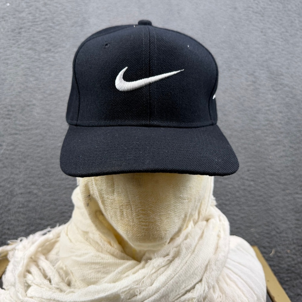 Vintage Nike Swoosh Black Adjustable Hook and Loop Strapback Hat Teener Tag